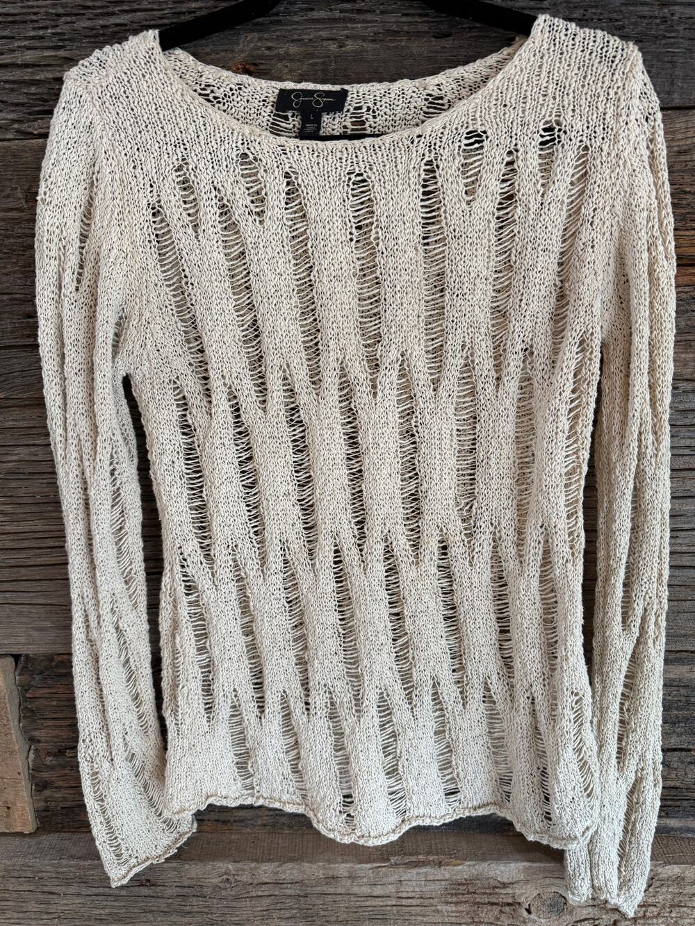 Jessica Simpson Womens Ivory Open Knit Ladder Stitch Pullover Sweater size L